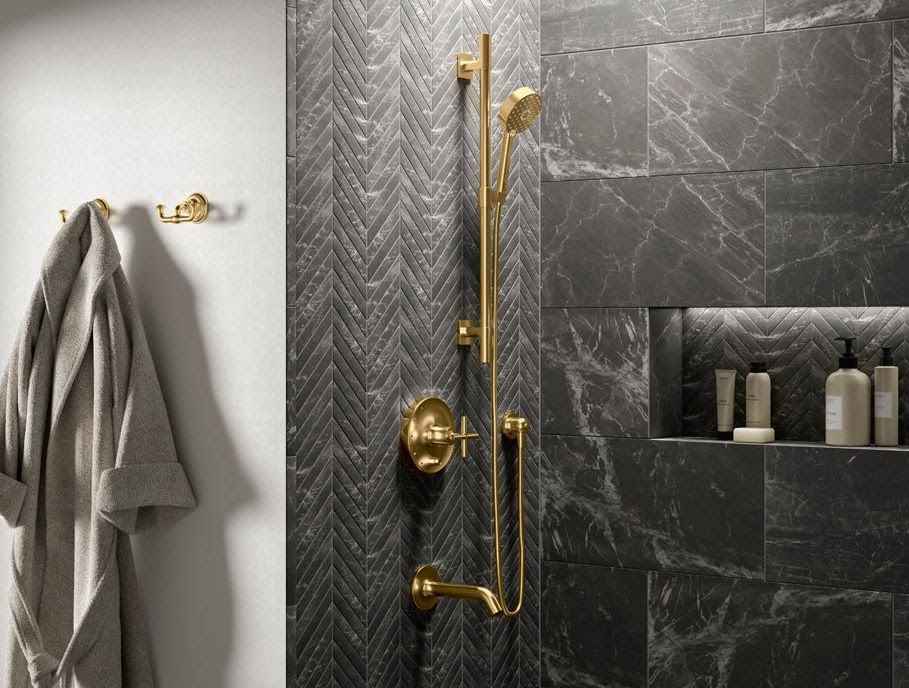 Kohler Fixtures In Bathroom With Vibrant Brushed Moderne Brass Finish 