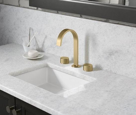 Kohler Crue faucet in Vibrant Brushed Moderne Brass (2MB) finish | Kohler finishes for your bathroom | Weinstein Collegeville